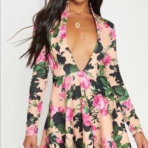 Peach Floral High Collar Skater Dress